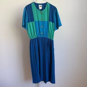 Leslie Fay Vintage 80s Color Block Pleated Dress Petite Size 16